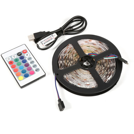 Bande LED RVB USB 5V 5Mètres 5050, Télécommande 24 Boutons, Éclairage Ambiance TV (Intérieur)