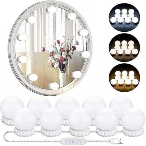 Bande lumineuse de maquillage USB pour miroir, 10 ampoules, 3 Modes d'éclairage, support mural de bureau (10 ampoules uniquement)