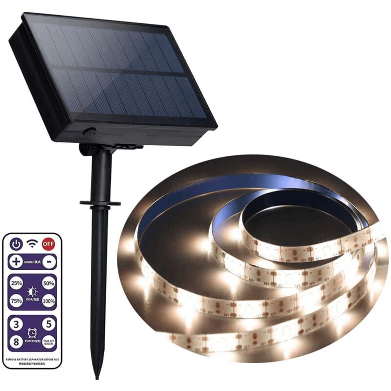 Bande lumineuse led, bande lumineuse solaire flexible, 8 modes d'éclairage, étanche, pour terrasse, jardin, maison, mariage, cour – Blanc