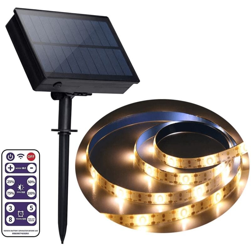 Bande lumineuse led, bande lumineuse solaire flexible, 8 modes d'éclairage, étanche, pour terrasse, jardin, maison, mariage, cour – Blanc chaud