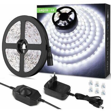 Bande lumineuse LED de 5 mètres, 1200 lumens, lumière blanche froide, dimmable, 12V, 6000K, 300 perles LED 2835, bande lumineuse LED auto-adhésive, avec variateur, connecteur et transformateur