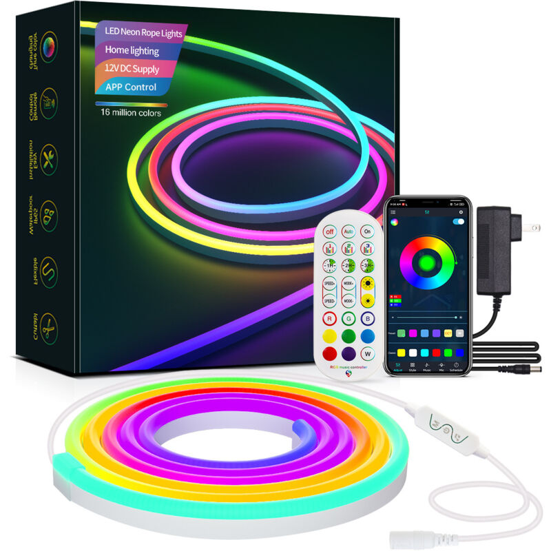 Bande lumineuse LED, néon LED RVB de 5 m pour chambre à coucher, contrôle d'application 12 V, synchronisation de la musique, changement de couleur,