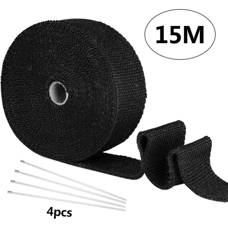Bande Thermique Échappement Noire 15M, Ruban Isolant Moto avec 4 Colliers Serrage Autobloquants en Inox