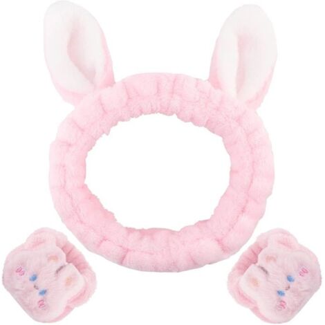 Bandeau Cheveux Femme Maquillage Lapin,3Pcs Serre Tete Maquillage et Bracelet Eponge Poignet pour Demaquillage Manchette Skincare