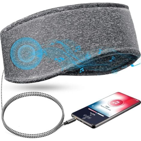 SERBIA Bandeau de sommeil musical avec casque, bandeau de voyage élastique doux filaire de 3,5 mm avec haut-parleur fin, casque de musique de sommeil confortable (gris)