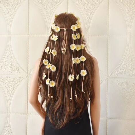 Bandeau hippie (jaune clair) orné de fleurs, couronne de fleurs, tournesols, perles, accessoire de cheveux floral ajustable