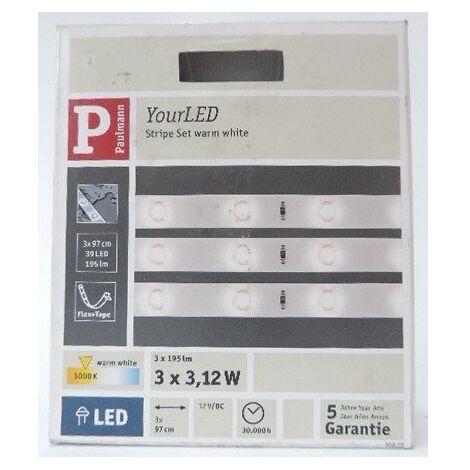 Bandeau LED 3x3.12W flexible blanc chaud 3000K (kit de 3 x 970mm) 3x195lm alim 12V (non incl) 120° Stripe Pack PAULMANN 70212