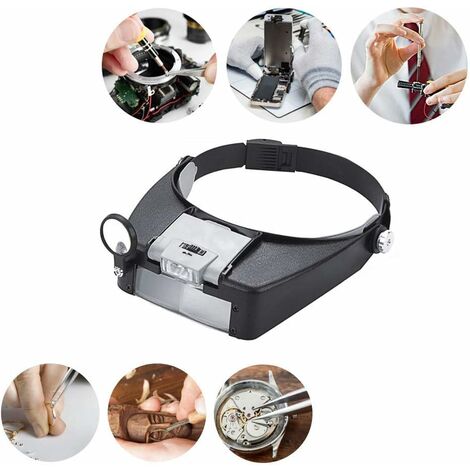 Bandeau Loupe Horloger Mains Libres Loupe avec Lumière Casque Loupe Grossissante avec LED Lumière, pour Horloger, Bijoutier, Lecture