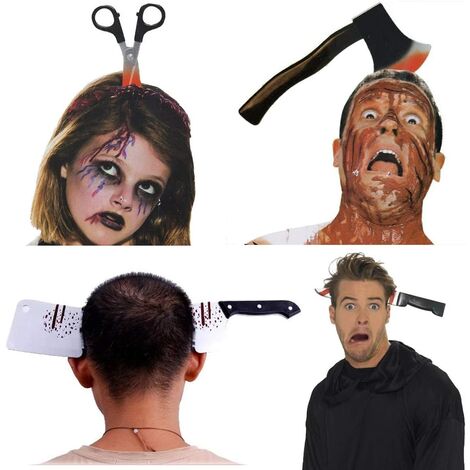 Bandeaux d'arme effrayante de costume, 4 paquets de couteau en plastique en caoutchouc couperet de hache et ciseaux à travers la tête, maquillage d'accessoires de zombie