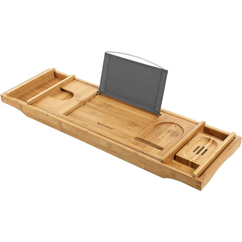 

Songmics - Bandeja de Bambú para Bañera, con Porta Jabón y Copa, con Ranura de tabla, (75-109) x 23 x 4,5 cm, Natural BCB88Y - Natural