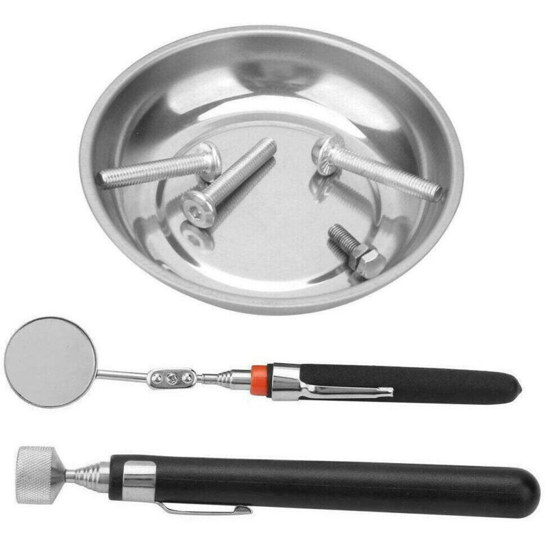 Trade Shop - Vassoio Vaschetta Piatto Magnetico Con Calamita E Specchietto Telescopico 3pz -