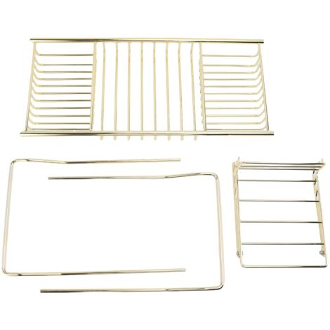 Bandeja de bañera extensible de color dorado, soporte para teléfono y compartimento para artículos de tocador.