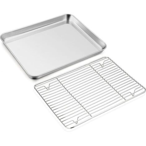 Bandeja de horno con rejilla para enfriar, bandeja grande de horno de acero inoxidable y rejilla para pasteles, 40 x 30 x 2,5 cm, para hornear, asar/enfriar