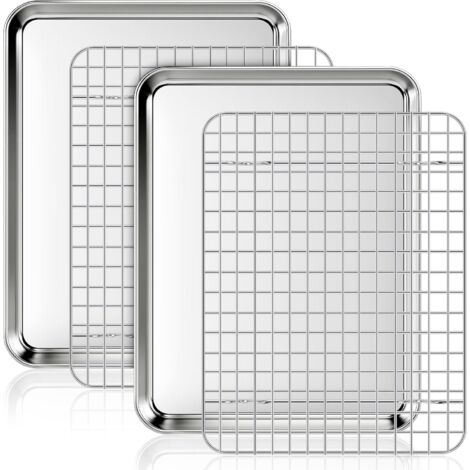 Bandeja de horno de acero inoxidable con rejilla de enfriamiento (2 bandejas + 2 rejillas), 31,5 x 24,5 x 2,5 cm, bandeja rectangular con rejilla para pasteles, no tóxica y fácil de limpiar.
