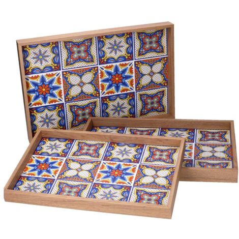 Bandeja de madera 1-3 azul borde natural 45x30x4 cm
