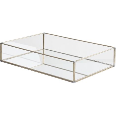 Bandeja decorativa de metal plateado y vidrio rectangular 30 x 20 cm pieza decorativa para velas y joyería Grenoble