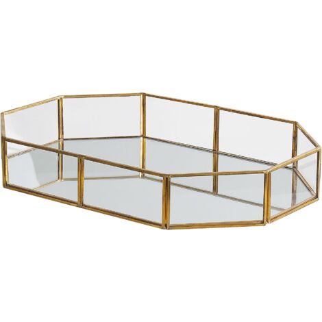 Bandeja decorativa latón dorado y vidrio espejado forma de octágono 32 x 22 cm pieza decorativa para velas y joyería Chabris