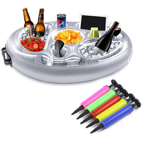 Bandeja flotante inflable para bebidas – Gran capacidad – para piscinas al aire libre, playas, fiestas y spas (plateada + bomba)