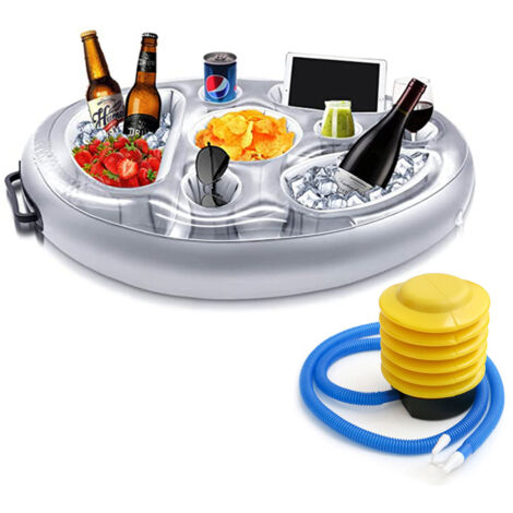 Bandeja flotante inflable para bebidas – Gran capacidad – para piscinas al aire libre, playas, fiestas y spas (plateada + bomba de pie)