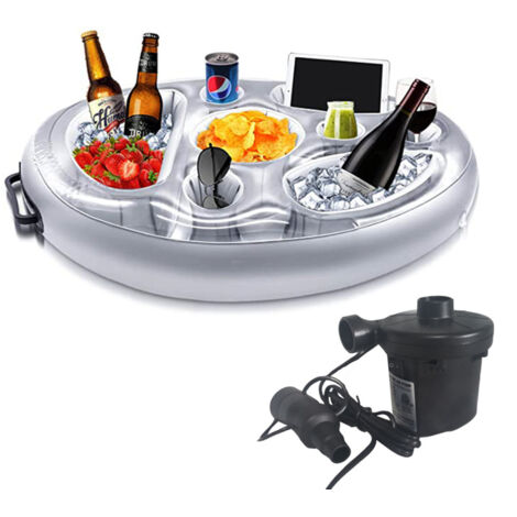 Bandeja flotante inflable para bebidas – Gran capacidad – para piscinas al aire libre, playas, fiestas y spas (plateada + bomba eléctrica)