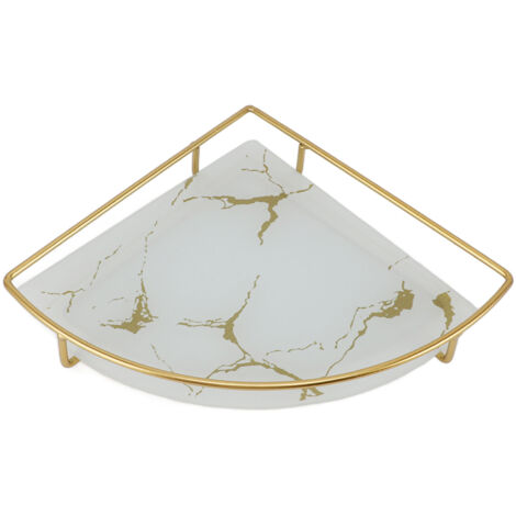 Bandeja organizadora triangular de lujo para baño, color blanco y dorado, con estante de metal y cristal.