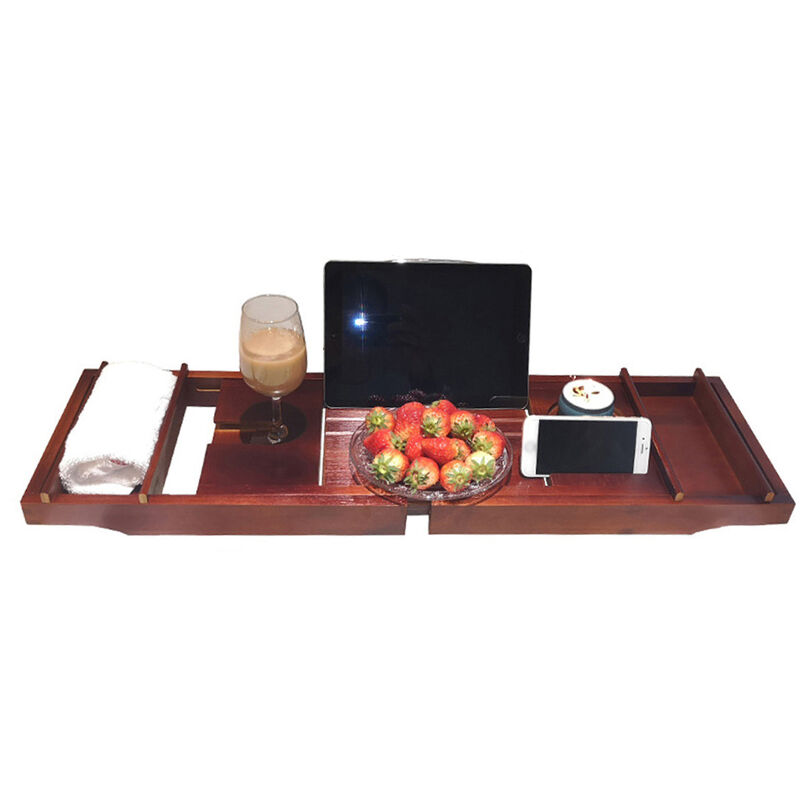 

Bandeja para carrito de banera Spa de bambu Carrito para banera Organizador Libro Soporte para vino Parte inferior antideslizante Lados