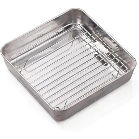 Bandeja para freidora de aire, acero inoxidable, cuadrada, con rejilla, apta para freidora de aire caliente, lavavajillas, 21,3 x 20,9 x 5,1 cm, color plata.