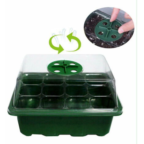 Bandeja para semilleros con 12 agujeros y tapa transparente, kit de inicio de semillas, jardín, balcón, plástico, 18x14x21cm, reutilizable, verde/negro/blanco.