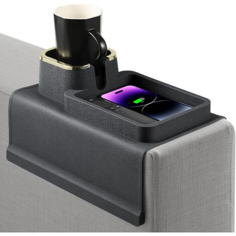Bandeja para sofá, portavasos de silicona multifunción para brazo de sofá, bandeja flexible de silicona para bebidas, aperitivos, teléfonos móviles, etc. (negro)