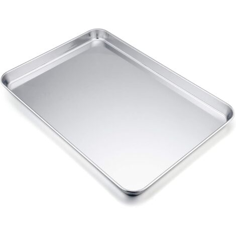 Bandeja rectangular de acero inoxidable para hornear, ideal para hornear, servir y preparar pasteles y otros productos horneados. Dimensiones: 40 x 30 x 2,5 cm. No tóxica e higiénica, con acabado puli