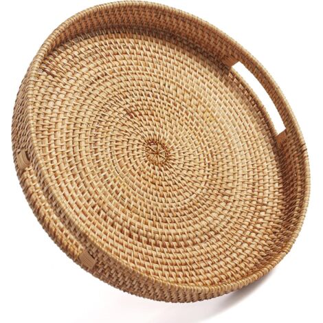 Bandeja redonda de ratán tejido con asas, bandeja para mesa de centro, decoración otomana, color natural (35x5 cm)