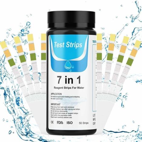 Bandelette Piscine, 7 en 1 Bandelettes Test Piscine, Lot de 50 bandelettes pour Test de Qualité d'eau sur Chlore Totale, Brome, Nitrite, Nitrate, Dureté, Alcalinité Totale, PH,