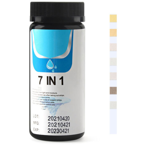 Bandelette Test pH 7 en 1 : Alcalinité, Nitrite, Chlore Libre, Dureté, Brome - Papier Analyse Eau Acide/Alcalin
