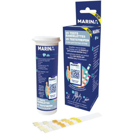 Bandelettes d'analyse de piscine 25pcs – Mesure pH, chlore, brome, alcalinité, dureté et stabilisant – Qualité Marina - INE888286