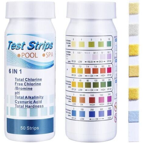 Bandelettes de test 6 en 1 pour piscine/spa, 100 bandes pour chlore, brome, pH, alcalinité, acide cyanurique et dureté totale, haute précision