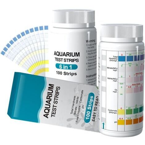 Bandelettes de test d'aquarium, kit de test d'eau d'aquarium 6 en 1, 100 bandelettes pour tester le pH, les nitrites, les nitrates, le chlorate, le carbonate et la dureté (6-1 en 1)