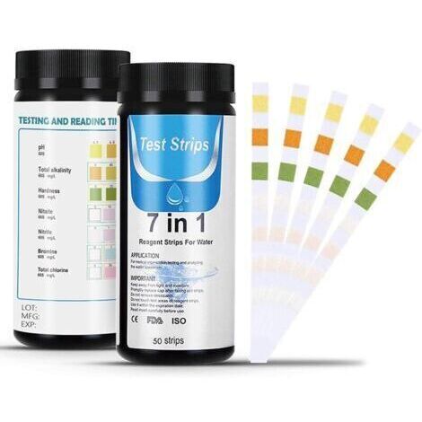 Bandelettes de Test pour Piscine, 7 en 1 bandelette Test Piscine, Lot de 50 bandelettes pour Test de Qualité d'eau sur Chlore, Brome, Nitrite, Nitrate, Dureté, Alcalinité Totale, PH … (50)--