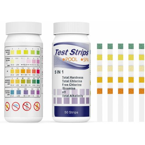 Bandelettes de Test pour Piscine et Thermes, 5 en 1 Test de Qualité d'eau sur Chlore/Chlore Libre/pH/Alcalinité/Dureté du Liquide, Testeur de Chimie Générale 100 Pcs