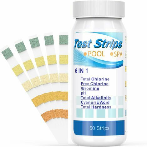 Bandelettes de Test pour Piscine et Thermes, 6 en 1 Test de Qualité d'eau sur Chlore/Chlore Libre/pH/Alcalinité/Acide Cyanurique/Dureté du Liquide, Testeur de Chimie Générale 50 Pcs