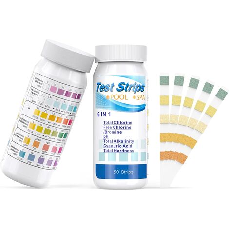 Bandelettes de Test pour Piscines et Thermes, 6 en 1 Test de Qualité d'eau sur Chlore/Chlore Libre/pH/Alcalinité/Acide Cyanurique/Dureté du Liquide, Testeur de Chimie Générale 100 Pcs