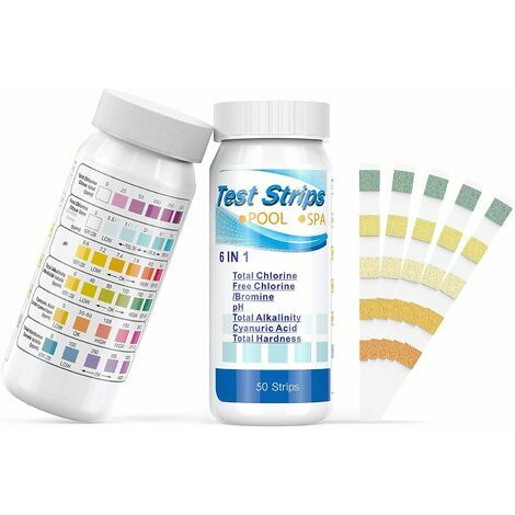Bandelettes de Test pour Piscines et Thermes, 6 en 1 Test de Qualité d'eau sur Chlore/Chlore Libre/pH/Alcalinité/Acide Cyanurique/Dureté du Liquide, Testeur de Chimie Générale 100 Pcs
