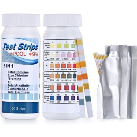 Bandelettes test piscine 6 IN 1 Bandelettes de Test pour Piscine Spa, Bandes de Test d'eau sur Chlore/Chlore Libre/pH/Alcalinité/Acide Cyanurique/Dureté du Liquide, 100 Pcs bandelette piscine