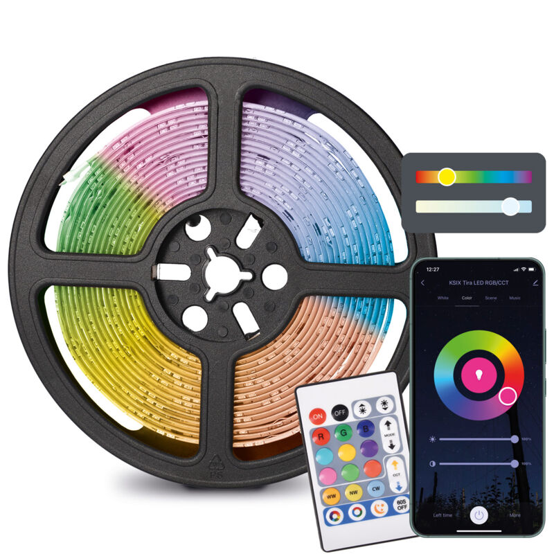 SmartLED Strip 5m, Trimmable, 900 lm, Sync Music, App Compatible avec Alexa, Google Home, Siri, rgb+cct Colours - Ksix