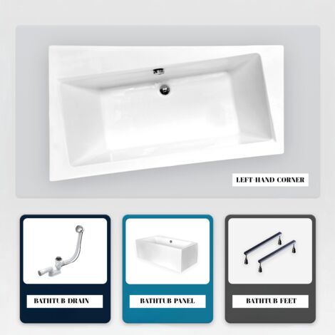 Bañera asimétrica - 150 x 90 cm - Izquierda - con Panel Blanco - Patas - Desagüe Cromado - INFINITY