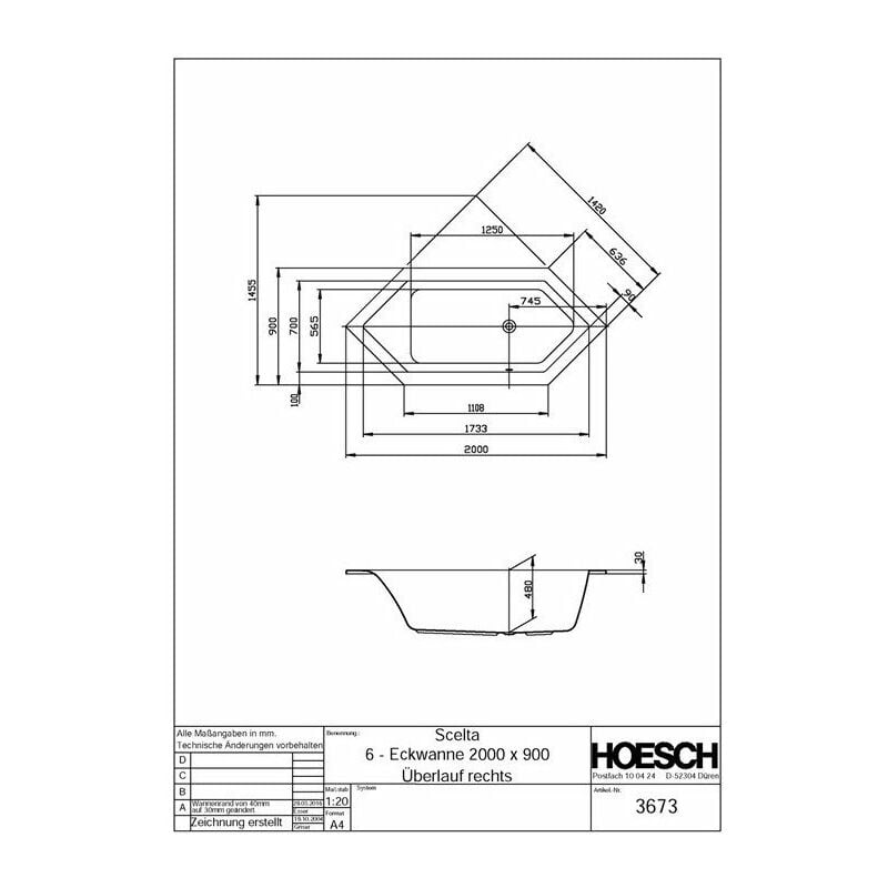 

Hoesch - Bañera de esquina SCELTA 6 2000x900x480mm ÜL derecha blanco