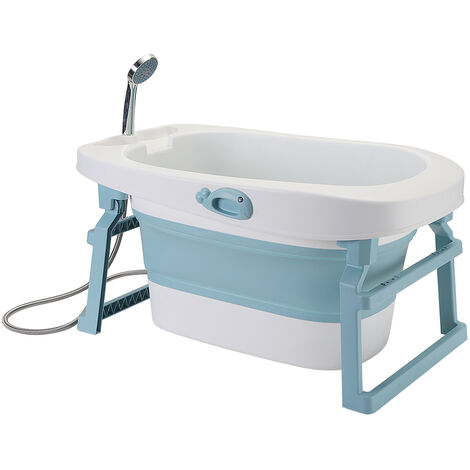 Bañera para Bebé Plegable y Portátil,con asiento de baño y tapón de drenaje, Azul