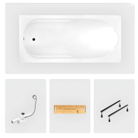 Bañera rectangular - 160 x 70 cm - sin mueble - con patas - repisa de bambú - desagüe cromado - BONA