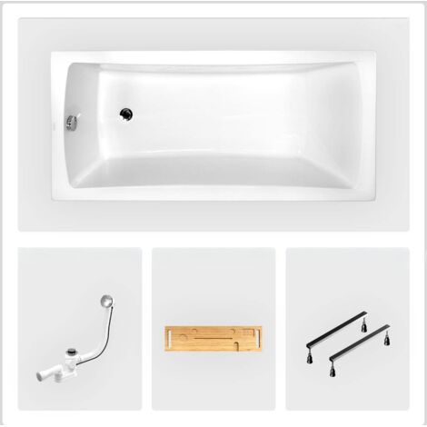 Bañera rectangular - 160 x 70 cm - sin mueble - con patas - repisa de bambú - desagüe cromado - OPTIMA