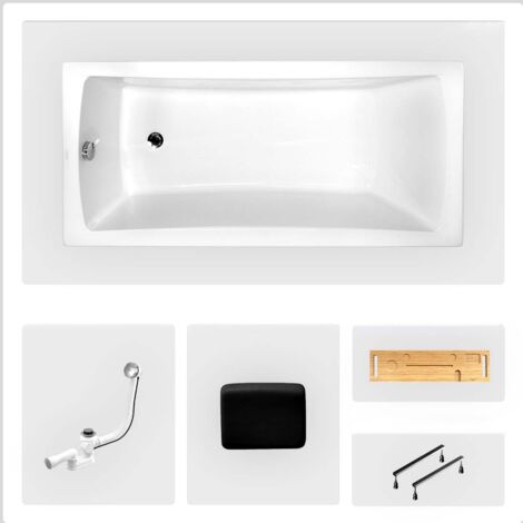 Bañera rectangular - 160 x 70 cm - sin mueble - con patas - repisa de bambú - desagüe cromado - OPTIMA