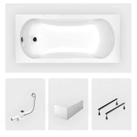 Bañera rectangular - 170 x 70 cm - con panel frontal blanco - patas - desagüe cromado - ARIA